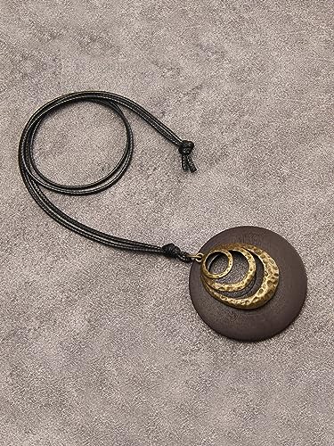 GelConnie Leather Cord Necklace Chain Multilayer Wooden Pendant Necklaces Vintage Jewelry Boho Long Sweater Necklace for Women Men - color: Circle Wooden Necklace