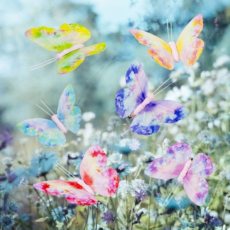 Berfutall- Spring Feather Butterfly Decorations Set 6 Color of 12pcs Vibrant Multi Colored Craft Butterflies on Clip .Party Home Decor Floral Pics - color: 6 Color G