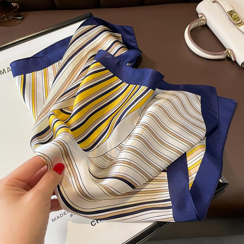 FEIBOON Mulberry Silk Scarfs Neck Scarf 21" Small Square Scarfs hair scarf bandana Neckerchief Headscarf for Women - color: Blue and Yellow Stripes