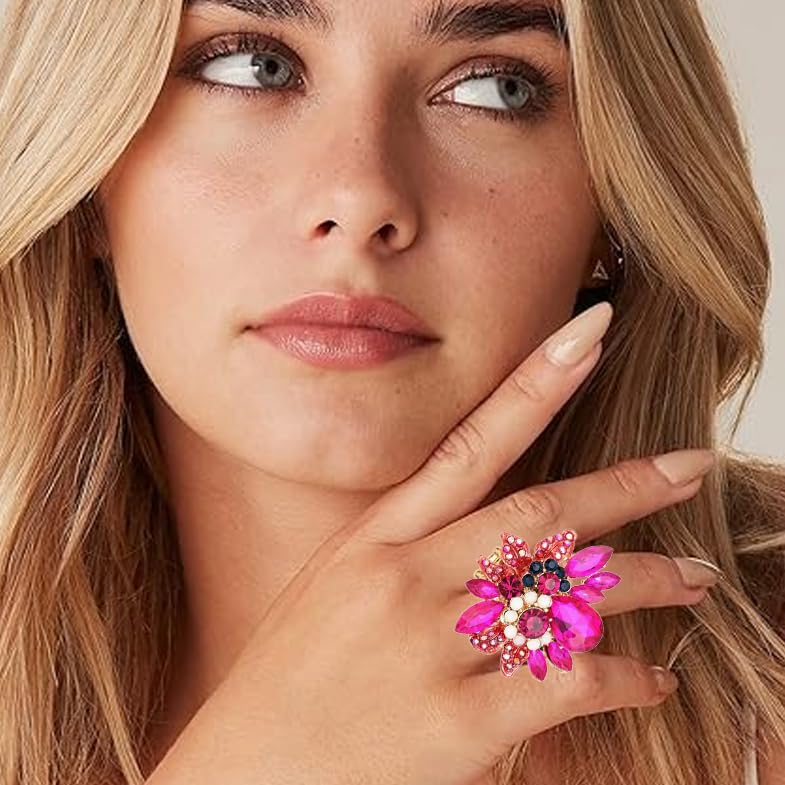 CSY Luxury Women's Austrian Crystal Leaves Flower Big Cocktail Statement Rings Stretch Adjustable Ring Jewelry Accessories - color: hot pink crystal-gold tone