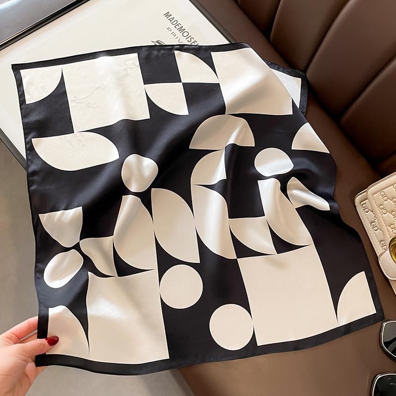 FEIBOON Mulberry Silk Scarfs Neck Scarf 21" Small Square Scarfs hair scarf bandana Neckerchief Headscarf for Women - color: Black and White Geometric