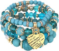 Nyx&lvy Pink Crystal Beaded Stretch Bracelet Set with Gold Heart Charm, Multi-Strand Fashion Jewelry for Women - style: blue