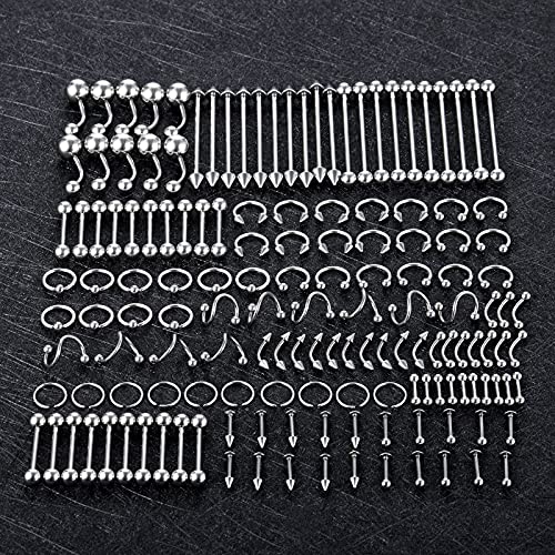 Oveta 150-151PCS Body Piercing Jewelry Lot 14G 16G 20G Stainless Steel Nose Lip Tongue Cartilage Tragus Eyebrow Industrial Barbell Belly Button Rings Piercing Kit Jewelry - style: 150pcs-Silver