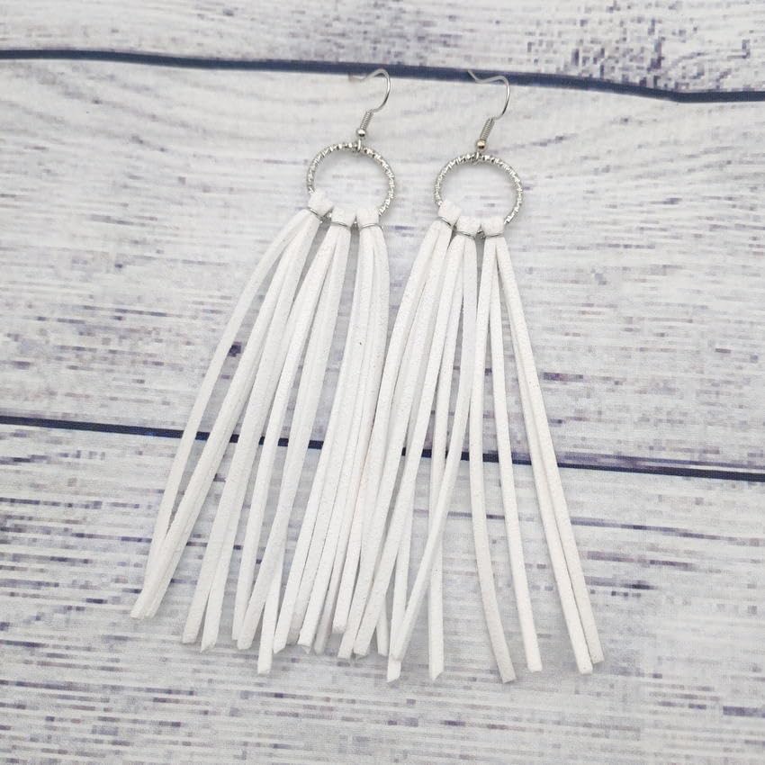 Bohemian Statement Light Weight Fringe Leather Earrrings Triangle Deerskin Leather Boho Western Statement Dangel Earrings for Women - color: White