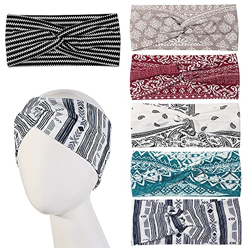 Artilady 6 Pack Wide Boho Headbands for Women - Soft Yoga Elastic Hair Bands for Girls Workout Running Sport Headwrap Non-slip Breathable (Patterned) - color: 6pcs Patterned