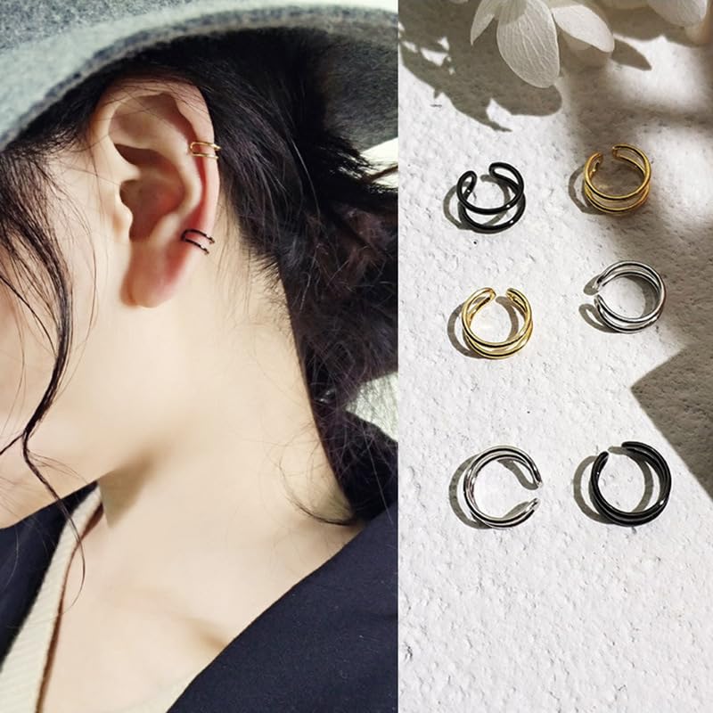Briana Williams Fake Lip Piercing Fake Lip Ring Fake Nose Ring Fake Nose Piercing Faux Lip Rings Fake Snake Bite Piercing Clip on Non Piercing Double Cartilage Helix Earrings Ear Cuff for Women Men - color: D -8pairs silver & black