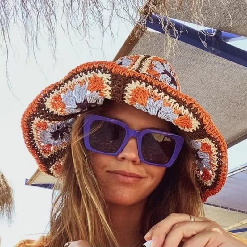 Women Straw Sun Hat Floral Woven Crochet Bucket Hat Y2k Aesthetic Accessories Beach Hat Hand Woven Boho Foldable Cap - color: Lavender