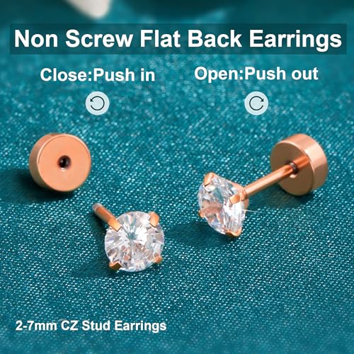 Flat Back Stud Earrings for Women - Hypoallergenic Surgical Steel Earrings with CZ Stones - 6 Pairs (18-20G) - color: Rose G, size: 20 G