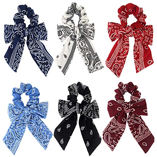 Hair Ties with Ribbons,6PCS Paisley Bow Scrunchies | Scrunchie Bowknot,Hair Ribbon,Bow Ponytail,Soft,Cute,Hair Accessories for Women,2 in 1 - color: NO1