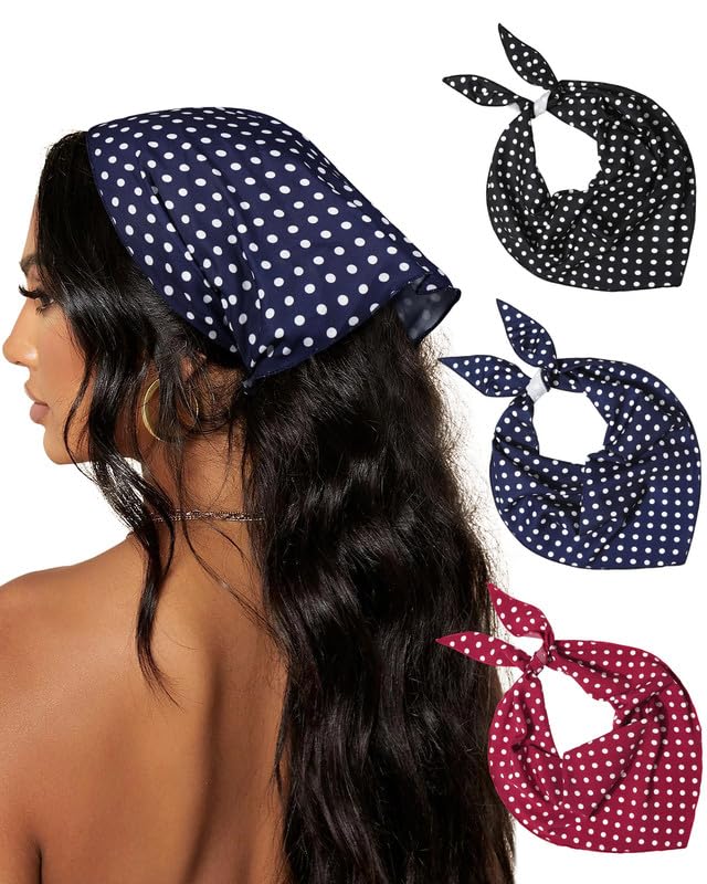 AWAYTR 3Pcs Hair Bandanas Head Kerchief for Women Girls Tie-Back Boho Hair Scarf Headband Bandana Triangle Head Scarf - color: Polka Dot - Red / Black / Dark Blue