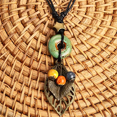 Pingyongchang H&Z Bohemian Colorful Ceramic Beads Lariat Necklace, Hippie Moon Stars Ceramic Tassel Beaded Jewelry Gifts for Women - color: green