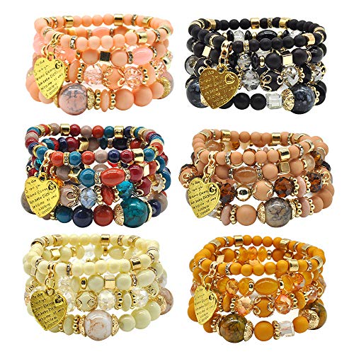 Bohemian Bracelet Sets for Women - 6 Sets Stackable Stretch Bracelets Multi-color Boho Jewelry for Women Hippie Bracelets Dainty Jewelry - color: Stackable bracelets with heart charm