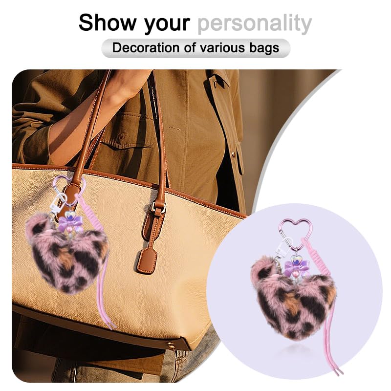 Leopard Faux Fur Keychain for Purse Charms for Handbags Leopard Plush Key Chain for Car Keys - color: Leopard Color 2