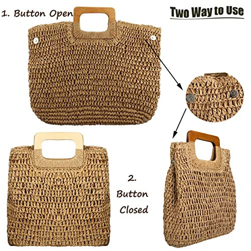 YYW Straw Tote Bag Women Hand Woven Large Casual Handbags Hobo Straw Beach Bag with Lining Pockets for Daily Use Beach Travel - color: Khaki