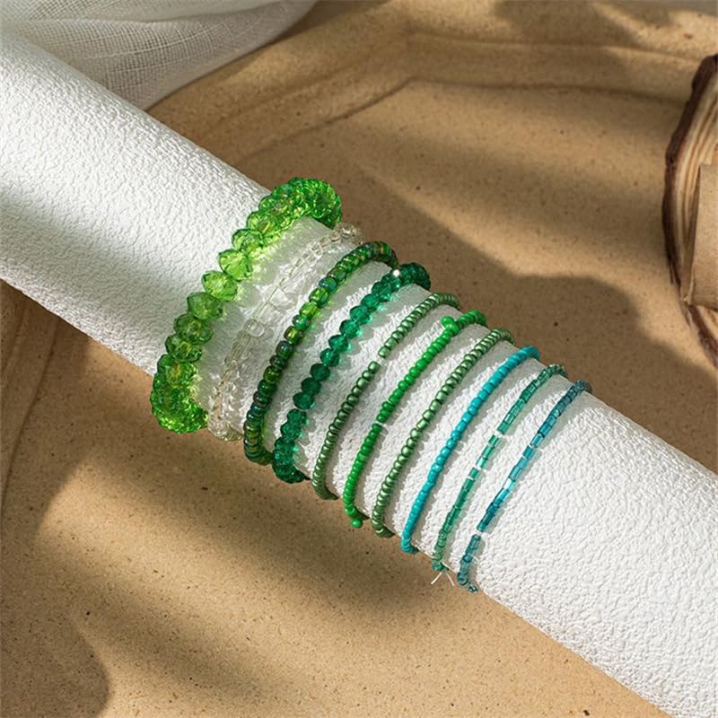 Caiyao Bohemian Multilayer Stackable Seed Beaded Bracelets Colorful Crystal Glass Beads Strand Bangle Bracelet BFF Wristbands Bracelet for Women Summer Beach Hawaii Jewelry Birthday Gifts - color: Green