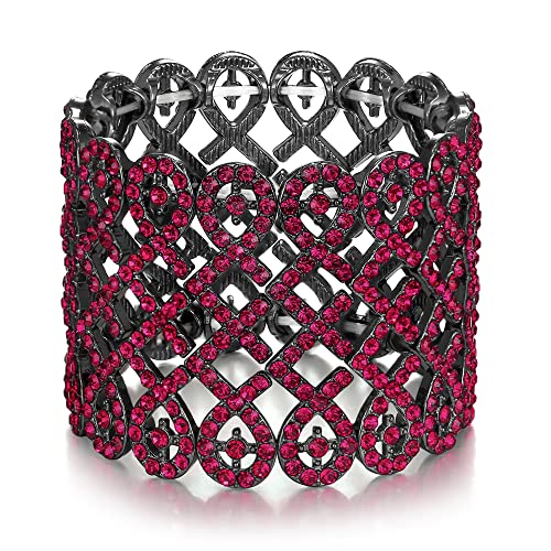 EVER FAITH Art Deco Love Knot Wide Stretch Bridal Bracelet Austrian Crystal - color: Hot Pink Black-Tone