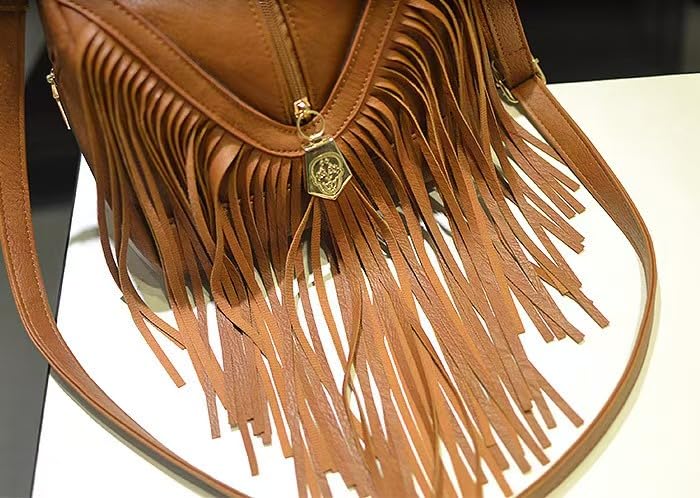Tassel Shoulder Bag, Vintage Stylish Women PU Leather Bohemian Fringed, Vintage Hobo Crossbody Bag,Fringe Handbag - color: Black Red-2