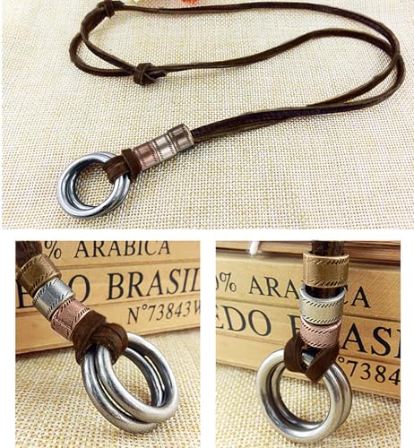 Kelake Leather Necklace for Women Men Teen Vinatge Boho Alloy Pendant Choker Jewelry Fashion Sweater Necklaces with Adjustable Genuine Leather Chain - color: Antique Silver Double Rings Pendant
