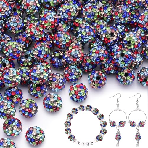 100pcs 10mm Rhinestone Beads for Jewelry Making, Black Mixed Shiny Round Shamballa Disco Beads Bulk, Sparkle Crystal Clay Christmas for Bracelet Baseball Necklace Earring Crafting and DIY - color: Black Mixed, size: 10mm/100pcs