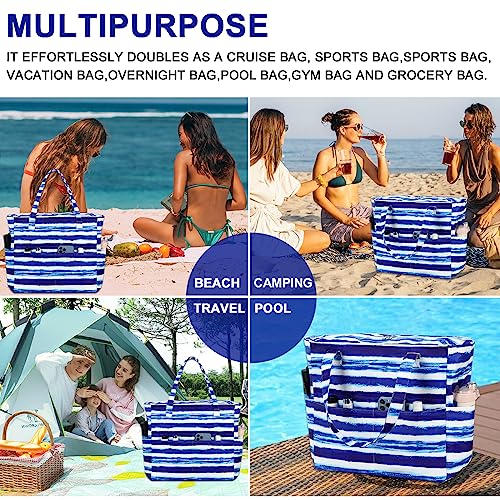 Bluboon Waterproof Beach Tote Pool Bags for Women Ladies Extra Large Carry On Bag With Wet Compartment for Weekender Travel - color: Blue White Stripes
