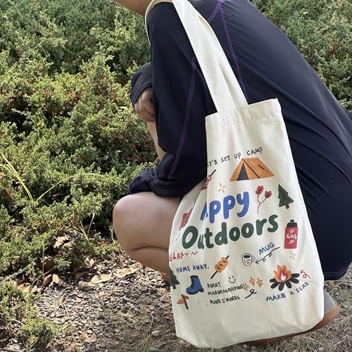 Canvas Tote Bag with Zipper for Women, Aesthetic Tote Bag with Pocket for Vacation, Shopping, Travel, Beach - style: Happy Outdoors