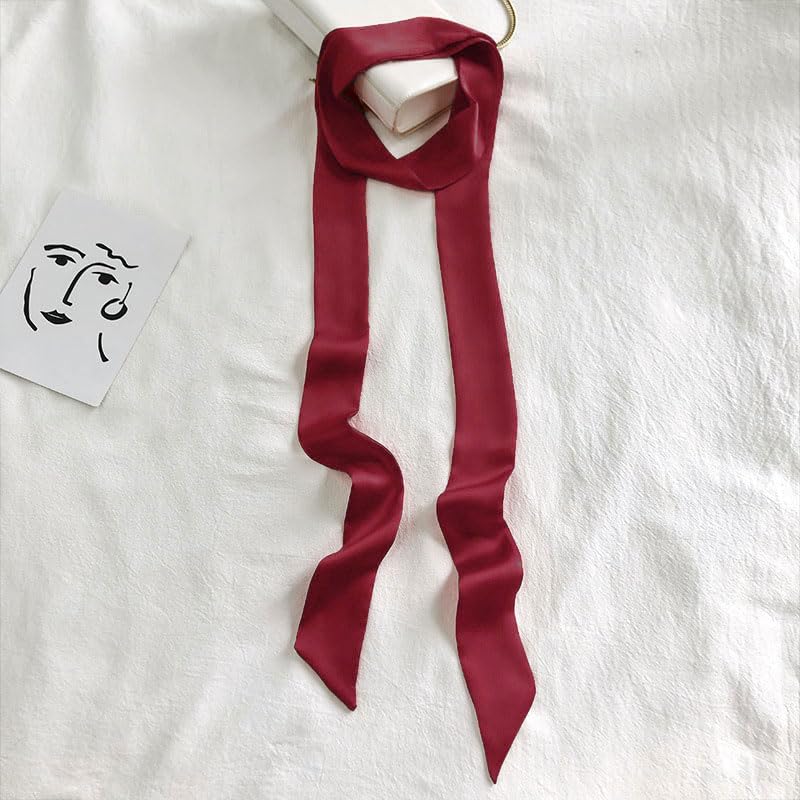 Long Thin Skinny Scarf Satin Neckerchief Ribbon Tie Waist Belt for Women - color: Burgundy