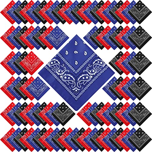 Handepo 150 Pcs Bandanas Bulk, Colorful Paisley Bandanas Unisex Head Wrap Scarf Cowboy Headband Handkerchief - color: Red, Blue, Black