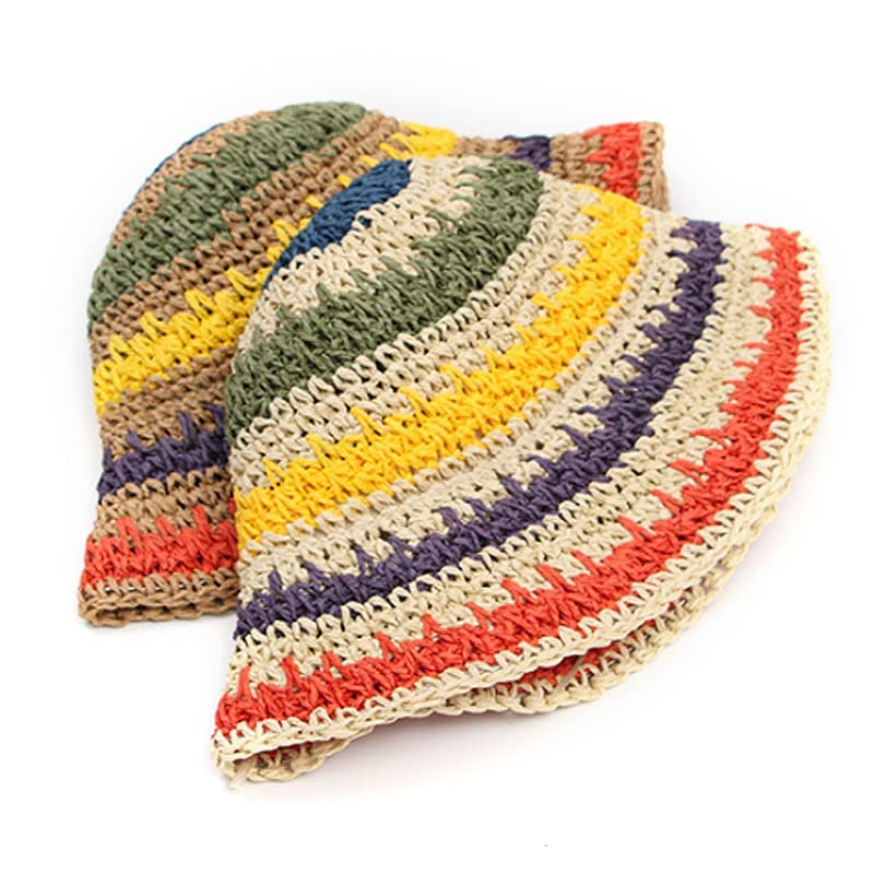 Women Straw Sun Hat Floral Woven Crochet Bucket Hat Y2k Aesthetic Accessories Beach Hat Hand Woven Boho Foldable Cap - color: Striped D