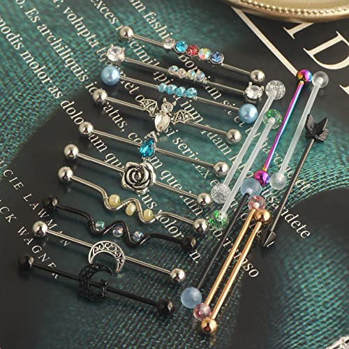 Suotarn 14G Industrial Piercing Jewelry For Women Men Stainless Steel 38 Industrial Barbell Long Cartilage Helix Conch Earrings Stud 14G Gauges Industrial Jewelry Butterfly Heart Cool 7-18pcs - color: mix 18pcs