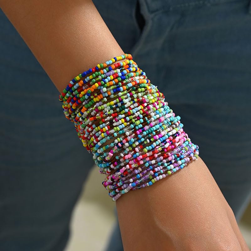 30Pcs Elastic Beaded Bracelets Set Bohemia Multilayer Stackable Seed Beaded Stretch Bracelet Anket Colorful Crystal Glass Beads Wristbands for Women Summer Beach Boho Jewelry Gifts - color: Multi
