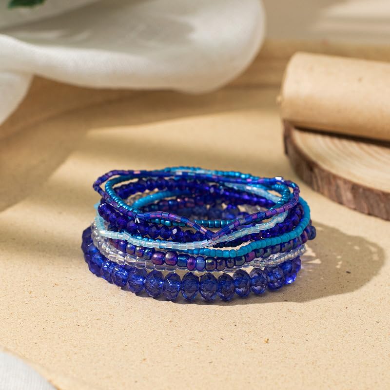 Caiyao Bohemian Multilayer Stackable Seed Beaded Bracelets Colorful Crystal Glass Beads Strand Bangle Bracelet BFF Wristbands Bracelet for Women Summer Beach Hawaii Jewelry Birthday Gifts - color: Blue