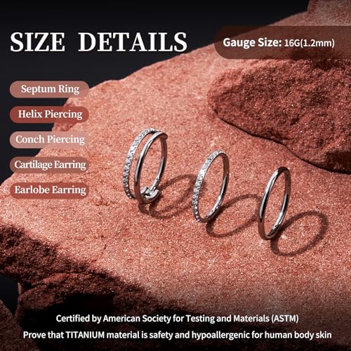 G23 Titanium 3PCS/7PCS 16G Cartilage Double-Hoop Helix Conch Piercing Jewelry With Cubic Zirconia Flat Back Stud Earrings Set For Women Men - color: A-3PCS-Silver-16G-10mm