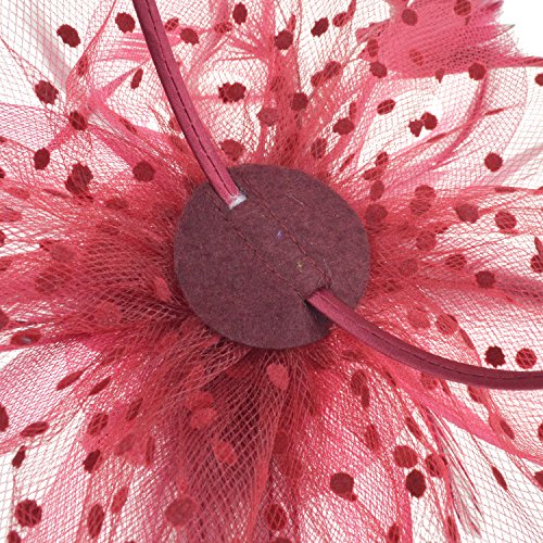 DRESHOW Fascinators Hat Flower Mesh Ribbons Feathers on a Headband and a Clip Tea Party Headwear for Girls and Women - color: 7" Diameter / Burgundy