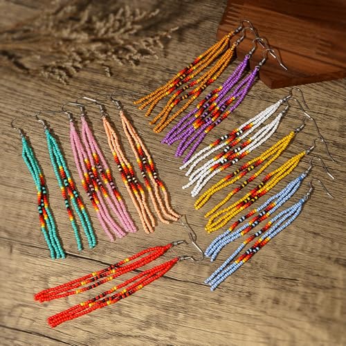 Native Long Beaded Tassel Earrings for Women, Boho Handmade Colorful Beads Statement Dangle Earing Prom Jewelry Gift. - color: Purple Violet