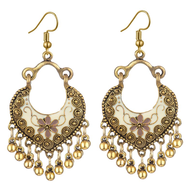 Vintage Boho Statement Drop Dangle Earrings for Women Bohemian Ethnic Handmade Beaded Charms Earring Bohemian Retro Chandelier Tassel Earrings Mexico Gypsy Jewelry Gift - color: Gold-White