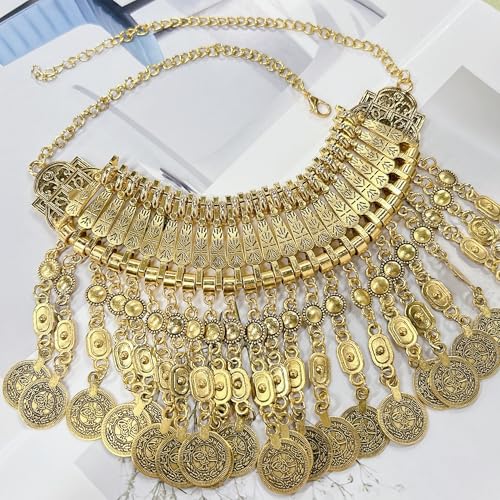Vintage Tassel Coin Collar Bib Statement Necklace for Women Men Ancient Gold Silver Retro Engraved Exaggerated Short Chunky Boho Choker Ethnic Gypsy Tribal Clavicle Chain Pendant Costume Party Jewelry - color: Ancient Gold