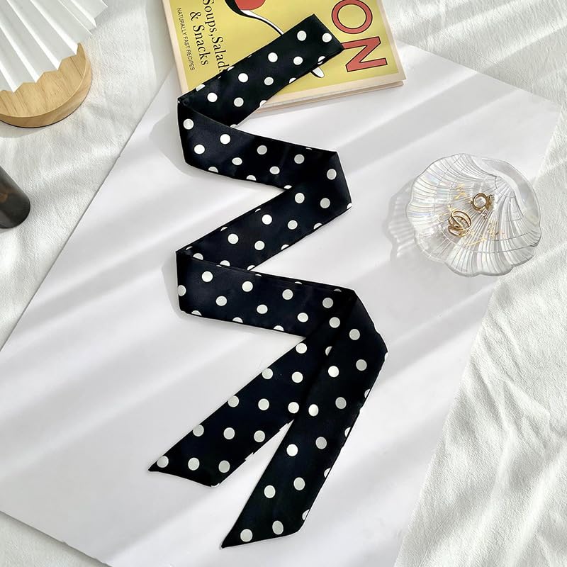 Long Thin Skinny Scarf Satin Neckerchief Ribbon Tie Waist Belt for Women - color: Black Polka Dots