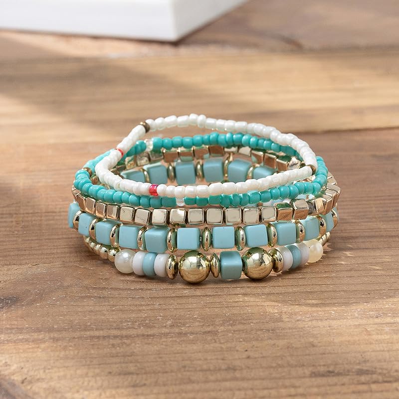 COLORFUL BLING 5Pcs/Set Bohemian Stackable Beads Bracelet for Women Multilayer Boho Seed Statement Stretch Strand Bracelet Friendship Women Jewelry - color: rose pink