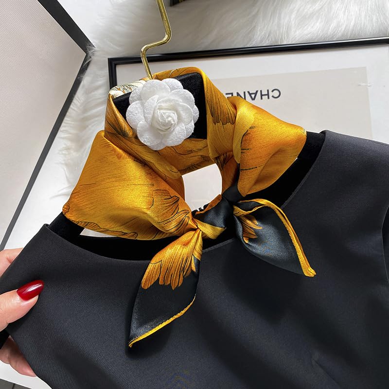 FEIBOON Mulberry Silk Scarfs Neck Scarf 21" Small Square Scarfs hair scarf bandana Neckerchief Headscarf for Women - color: Black and Orange Flowers