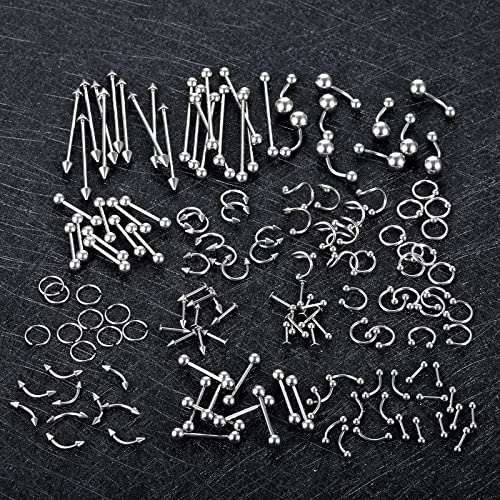 Xpircn 150PCS Piercing Kit Jewelry Stainless Steel Lip Nose Tongue Tragus Cartilage Daith Eeybrow Belly Button Rings Body Piercing Tools 14G 16G 20G - color: Silver