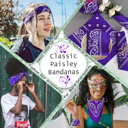 ILHSTY 60 Pcs Women Men Paisley Bandanas Bulk Unisex Bandanas Head Cowboy Scarf Necktie handkerchief Party Supplies - color: Purple