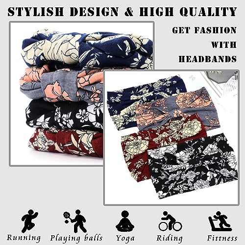 FULZTEY Boho Headbands for Women Fashion Wide Headwraps Vintage Floral Print Hairbands Soft Fabric Bandanas Non-Slip Sport Yoga Sweat Turban Knotted Head Bands for Women's Hair Accessories 4 Pack - color: Style 17