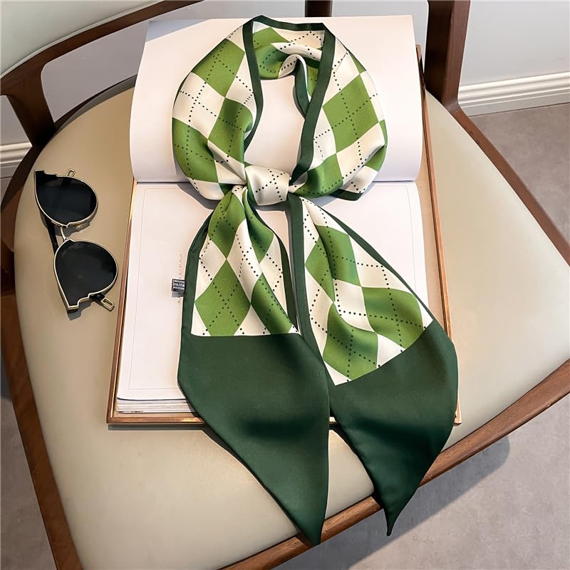 kcctoo 59" Mulberry Silk Like Head Scarf Women's Fashion Square Neck Satin Scarfs for Bag Hair Scarves Gift 59 * 5.9” - color: I01 Green Squares 59" X 5.9"