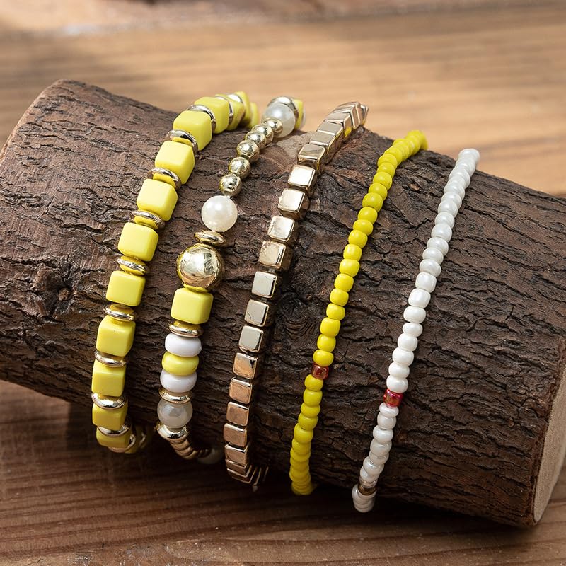 COLORFUL BLING 5Pcs/Set Bohemian Stackable Beads Bracelet for Women Multilayer Boho Seed Statement Stretch Strand Bracelet Friendship Women Jewelry - color: yellow