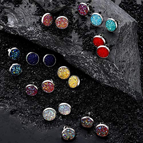 Hicarer 32 Pairs Round Druzy Stud Earrings Bohemian Round Stud Stainless Steel Pierced Earrings Jewelry for Women Graduation Gift - size: 6 mm