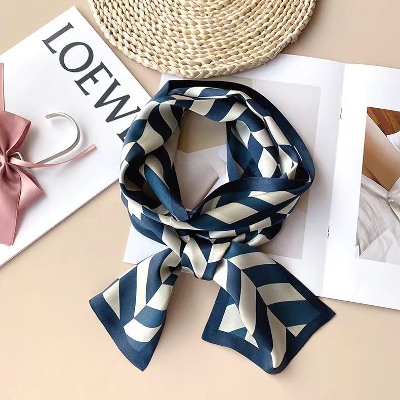 ANDANTINO 100% Silk Scarf for Women 59”*6.3” Long Shawls for Headscarf and Neck- Oblong Hair Wraps with Gift Packed - color: White&blue Geometry
