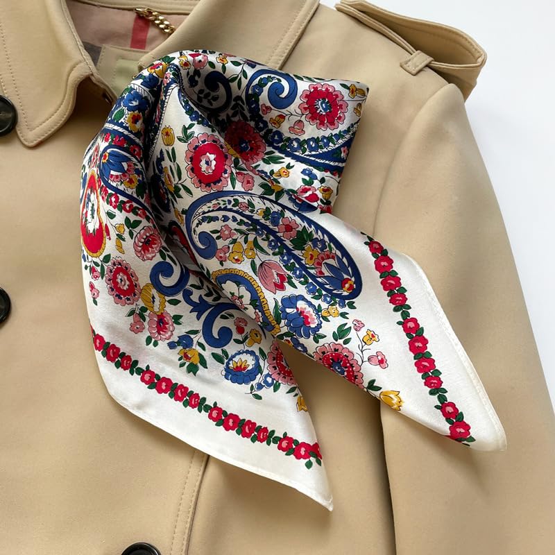 MEISEE 100% Pure Mulberry Silk Scarf 21" Square Scarf Neckerchief Headscarf Breathable Lightweight for Women Gift Packed - color: M3 White Blue Red Cashew Floral