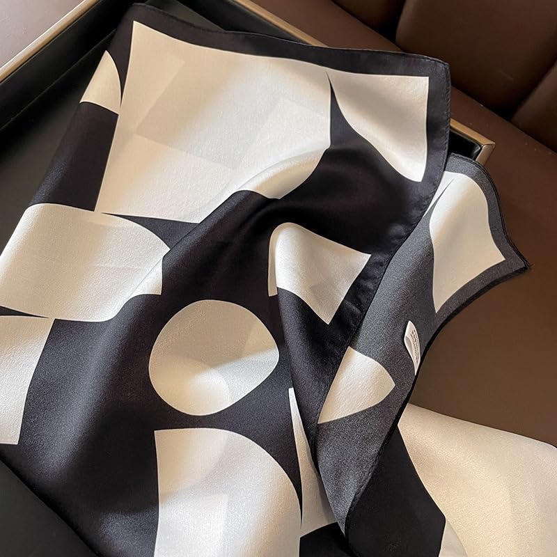 FEIBOON Mulberry Silk Scarfs Neck Scarf 21" Small Square Scarfs hair scarf bandana Neckerchief Headscarf for Women - color: Black and White Geometric