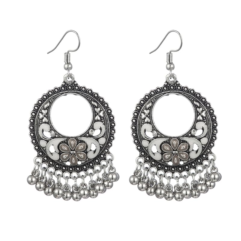 Vintage Boho Statement Drop Dangle Earrings for Women Bohemian Ethnic Handmade Beaded Charms Earring Bohemian Retro Chandelier Tassel Earrings Mexico Gypsy Jewelry Gift - color: O-Silver-White