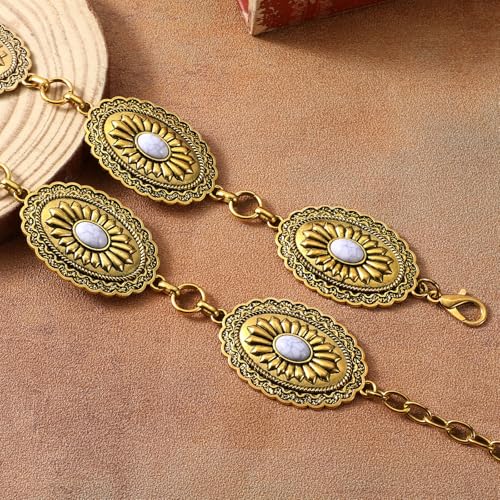 XZQTIVE Women Boho Chain Belts For Dresses Jeans Western Cowgirl Waist Links Belt Adjustable Metal Concho Belt - size: Fit Waist upto 36inches, style: White Turquoise Matte Gold